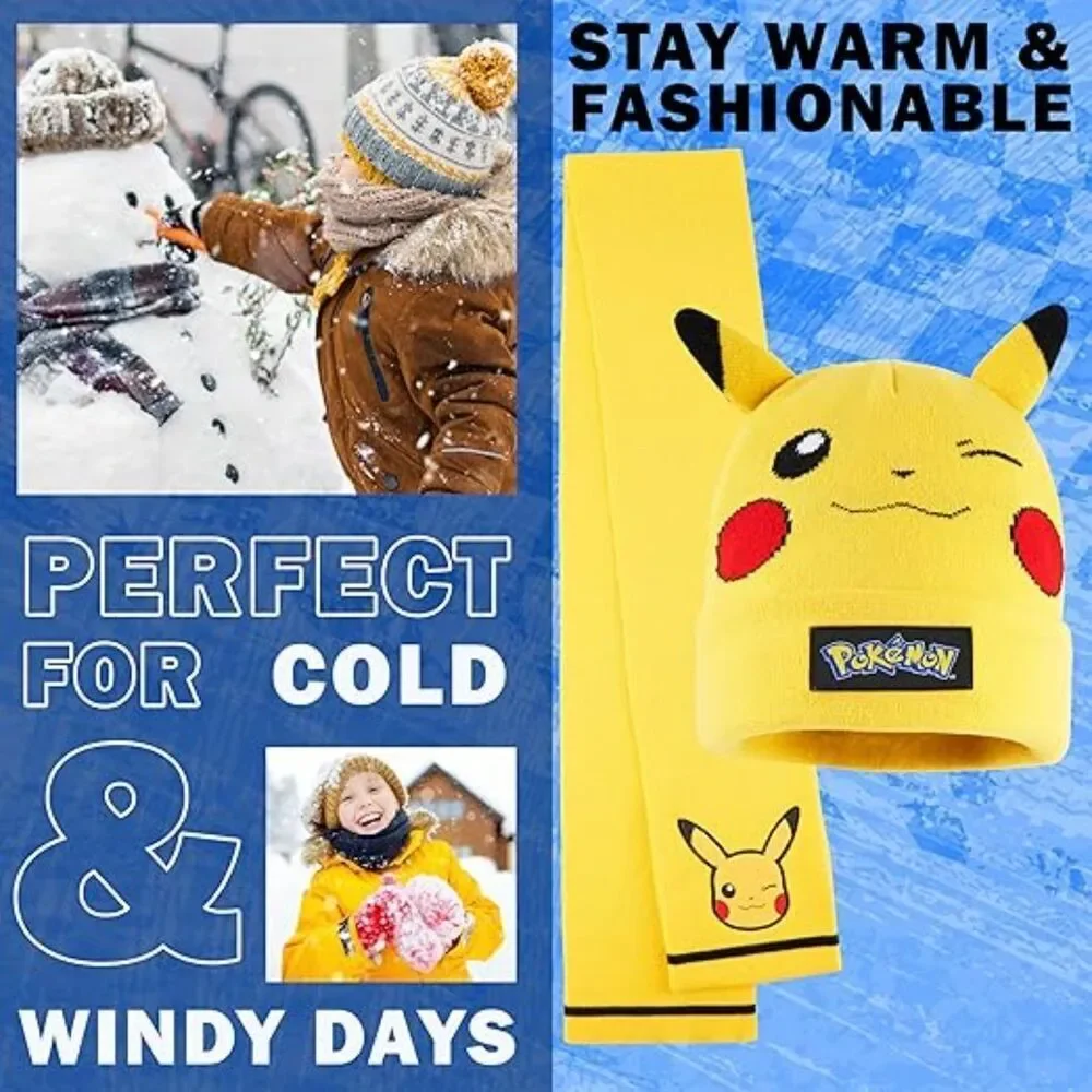 Pokemon Kids Beanie Scarf Gloves Set Warm Cozy Pikachu Winter Gear for Boys Kids